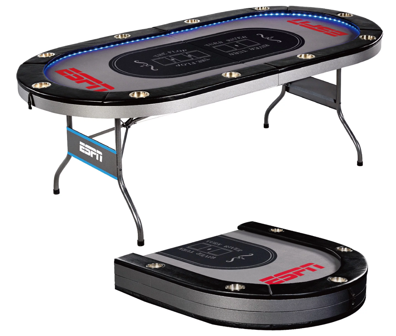 ESPN 10 Player Premium Foldable Poker Table, In-Laid LED Lights, Gray