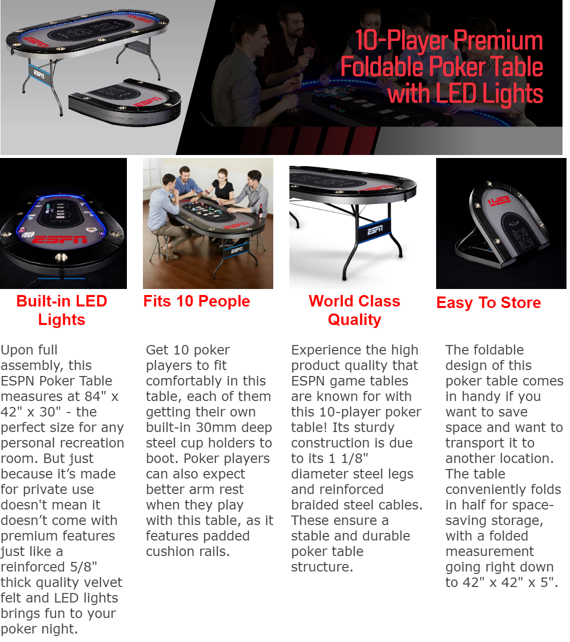 ESPN 10 Player Premium Foldable Poker Table, In-Laid LED Lights, Gray