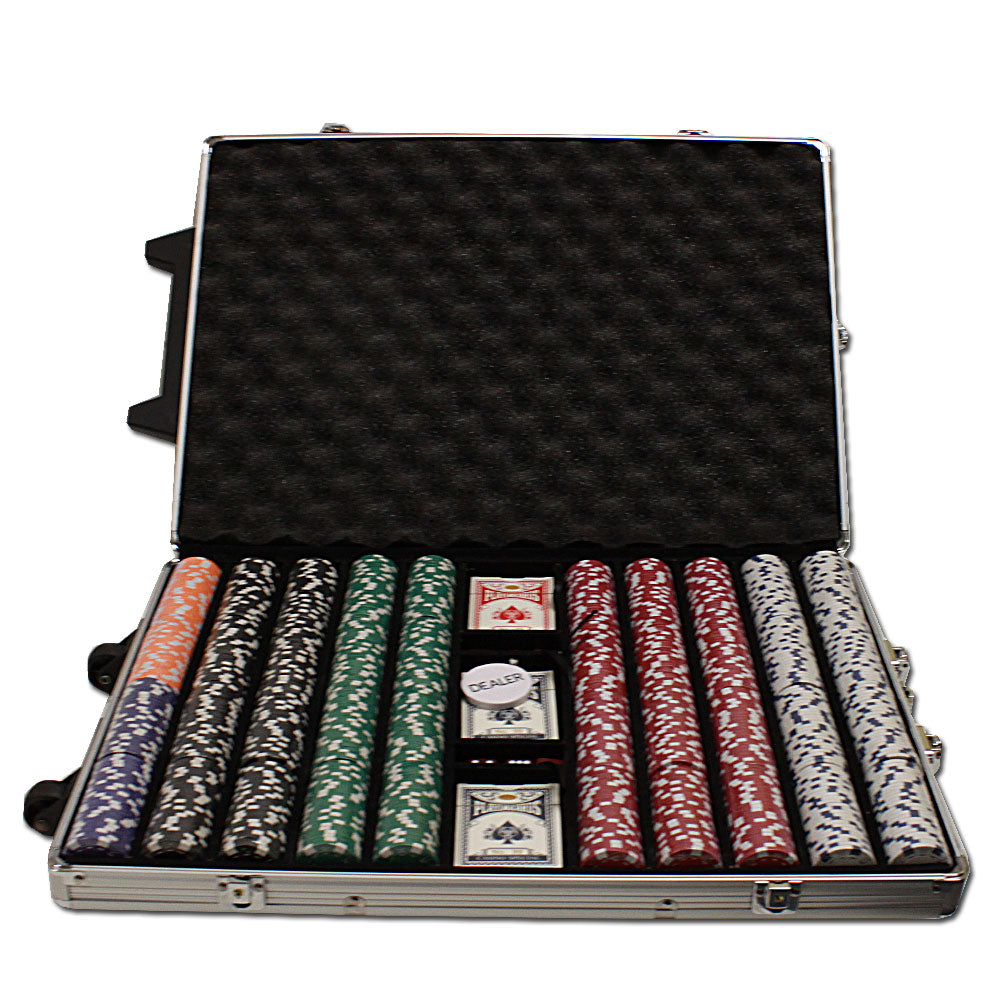 1000 Striped Dice Poker Chips with Rolling Aluminum Case