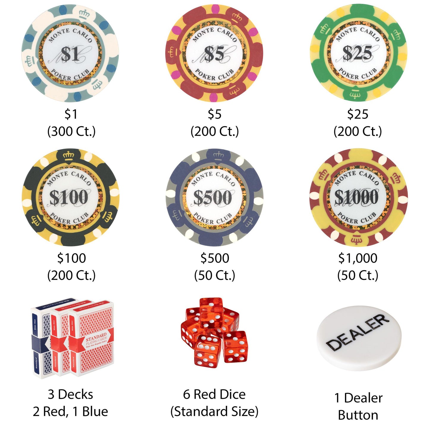 1000 Monte Carlo Poker Chips with Aluminum Case