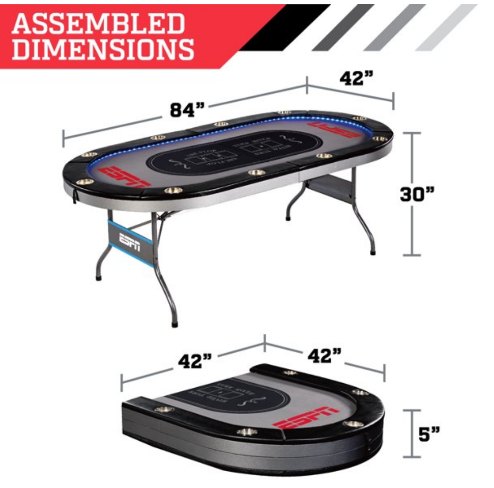 ESPN 10 Player Premium Foldable Poker Table, In-Laid LED Lights, Gray