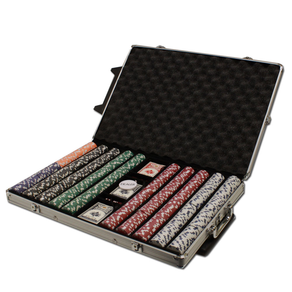 1000 Striped Dice Poker Chips with Rolling Aluminum Case