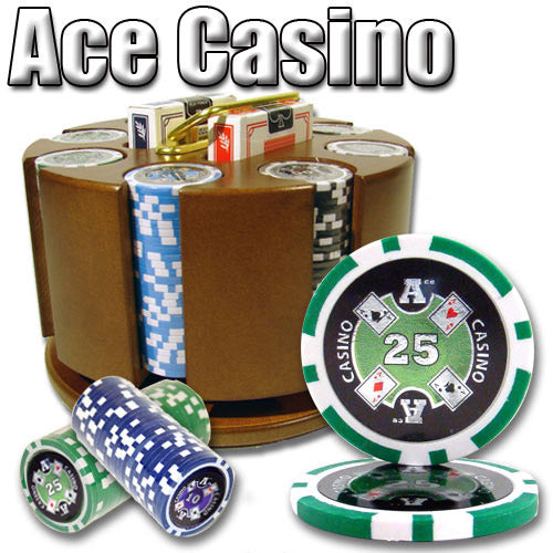200 Ace Casino Poker Chips with Wooden Carousel