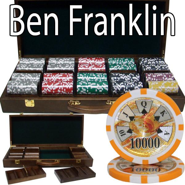 500 Ben Franklin Poker Chips with Walnut Case