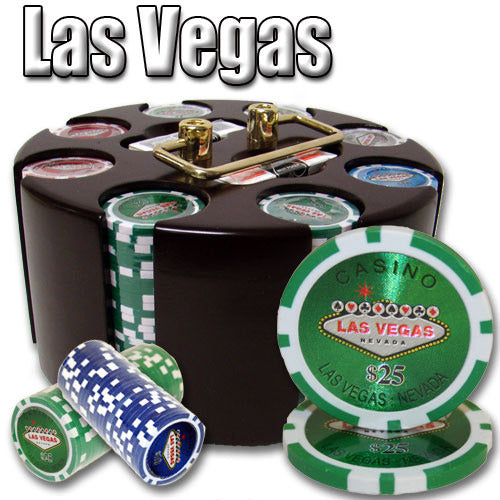 200 Las Vegas Poker Chips with Wooden Carousel