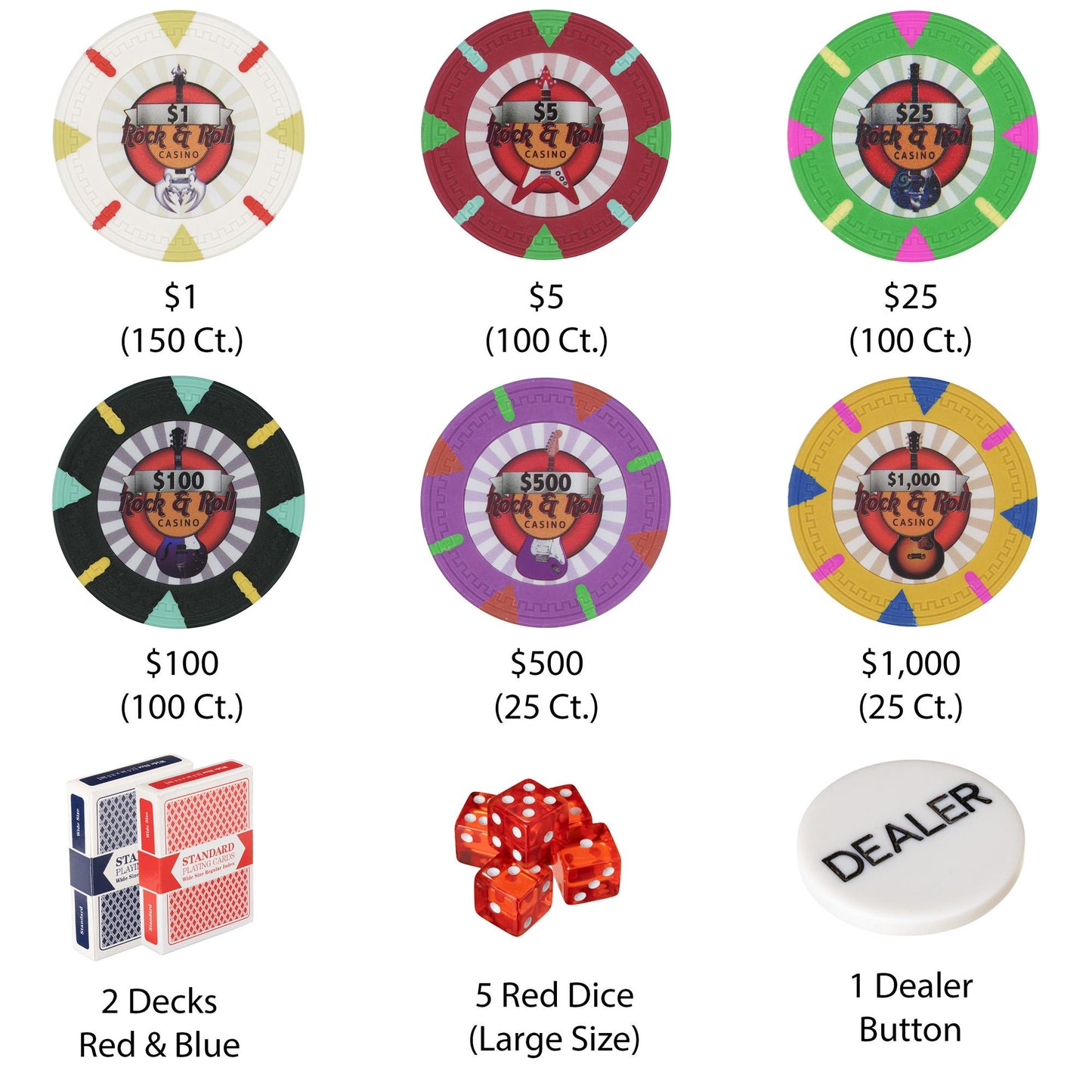 500 Rock & Roll Poker Chips with Walnut Case