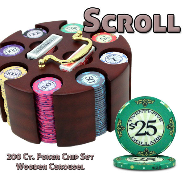200 Scroll Poker Chips with Wooden Carousel
