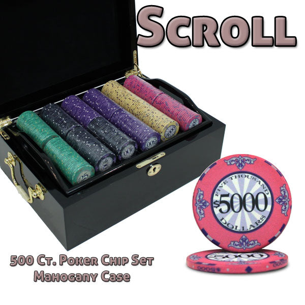 500 Scroll Poker Chips with Mahogany Case