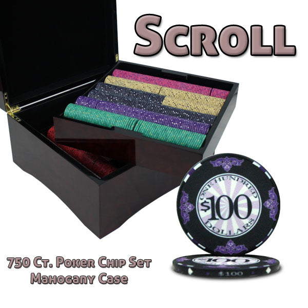 750 Scroll Poker Chips with Mahogany Case