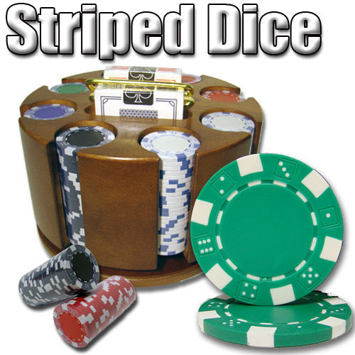 200 Striped Dice Poker Chips with Wooden Carousel