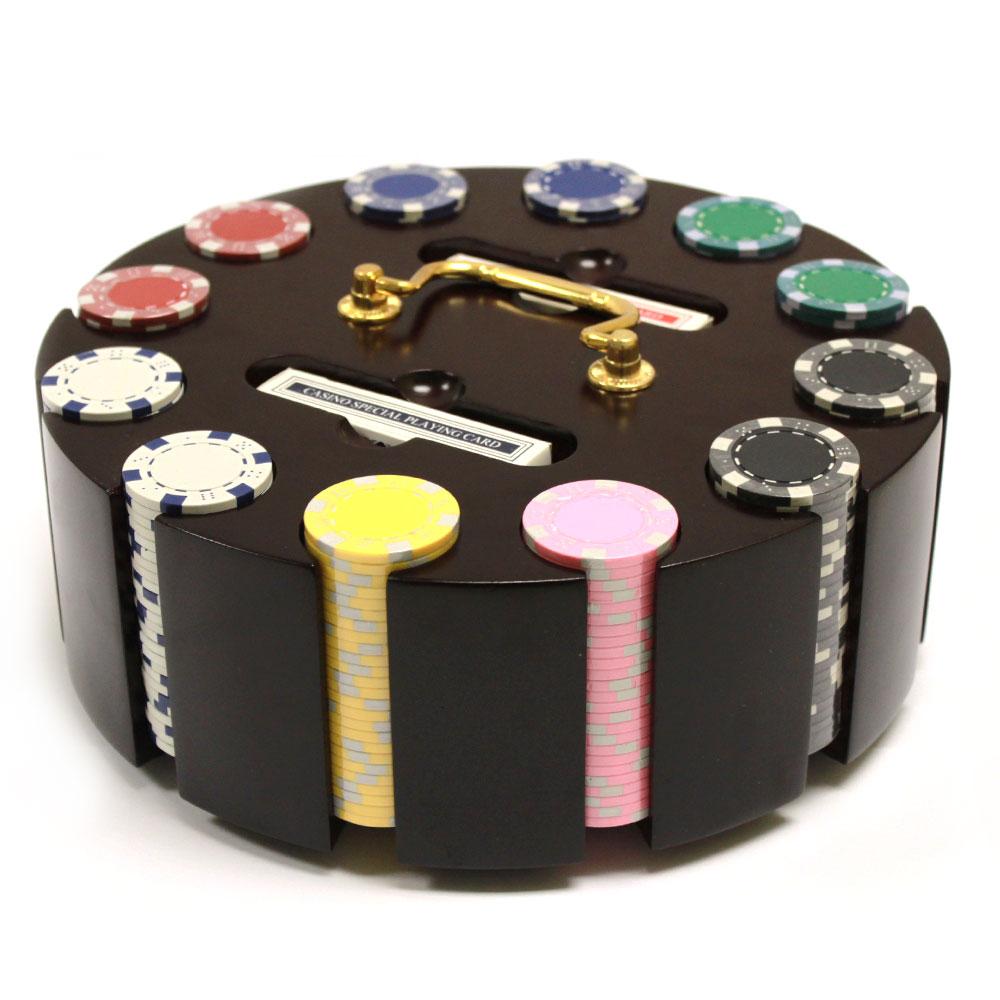 300 Striped Dice Poker Chips with Wooden Carousel