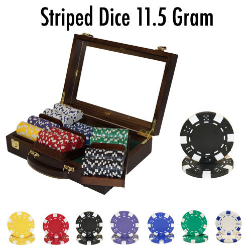 300 Striped Dice Poker Chips with Walnut Case