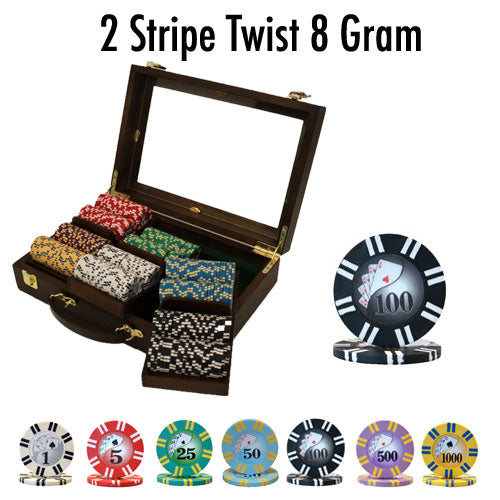 300 Two Stripe Twist Poker Chips with Walnut Case